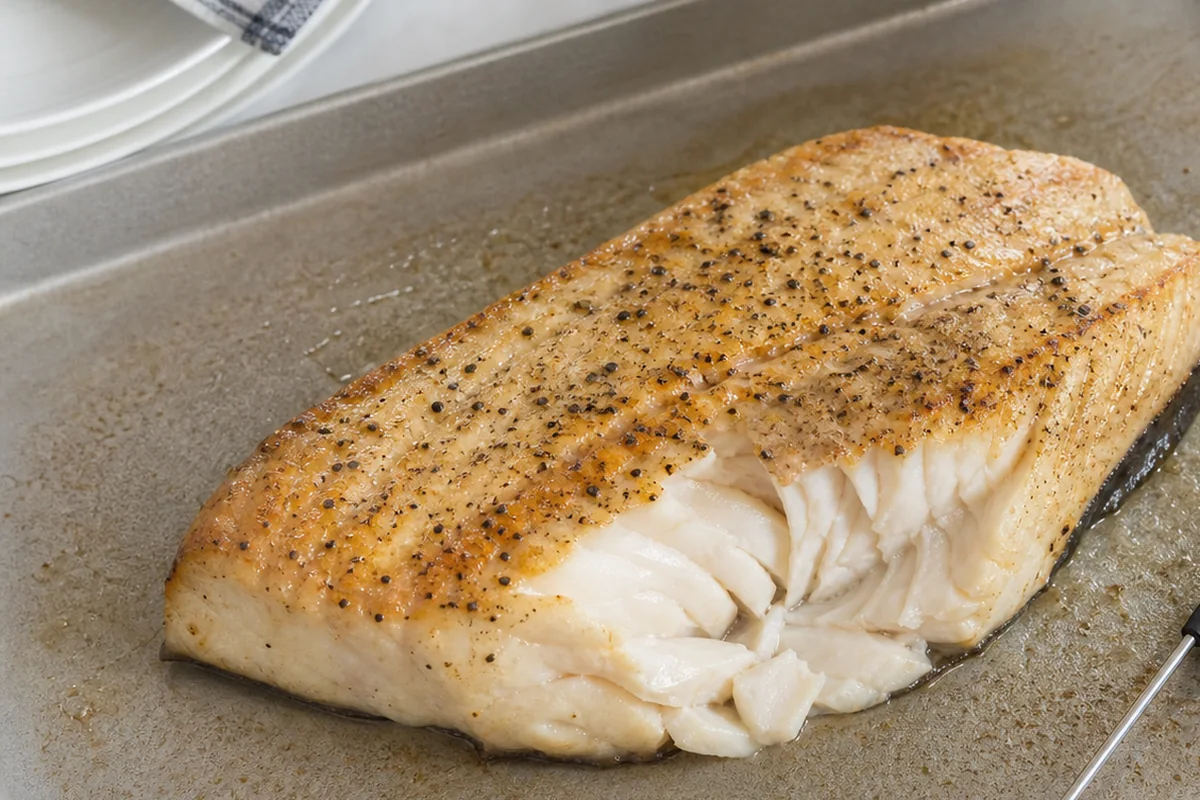 Cooked sablefish opened to show opaque pearly flakes - sablefish doneness | EpicureDelight