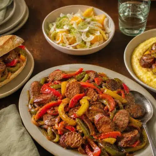 Sausage and peppers with rolls, polenta, and fennel salad | EpicureDelight
