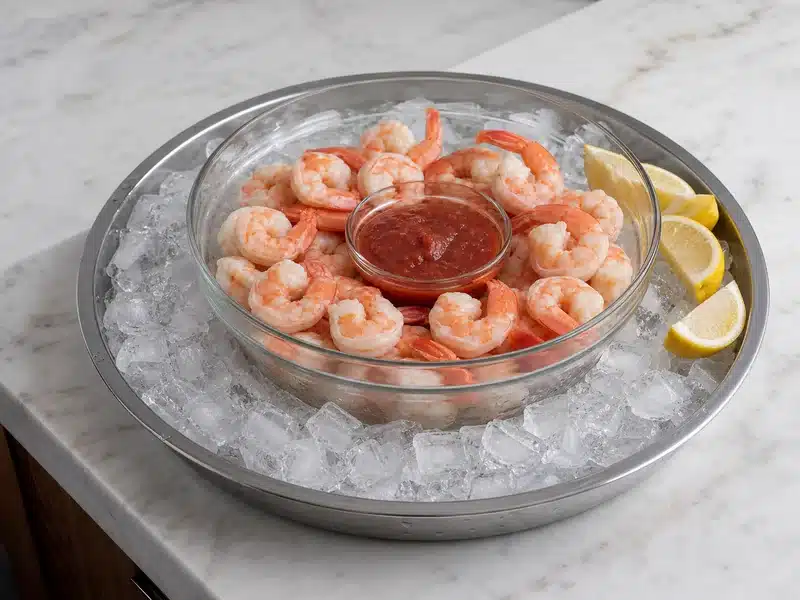 Shrimp cocktail bowl nested over ice for serving - chilled shrimp buffet | EpicureDelight