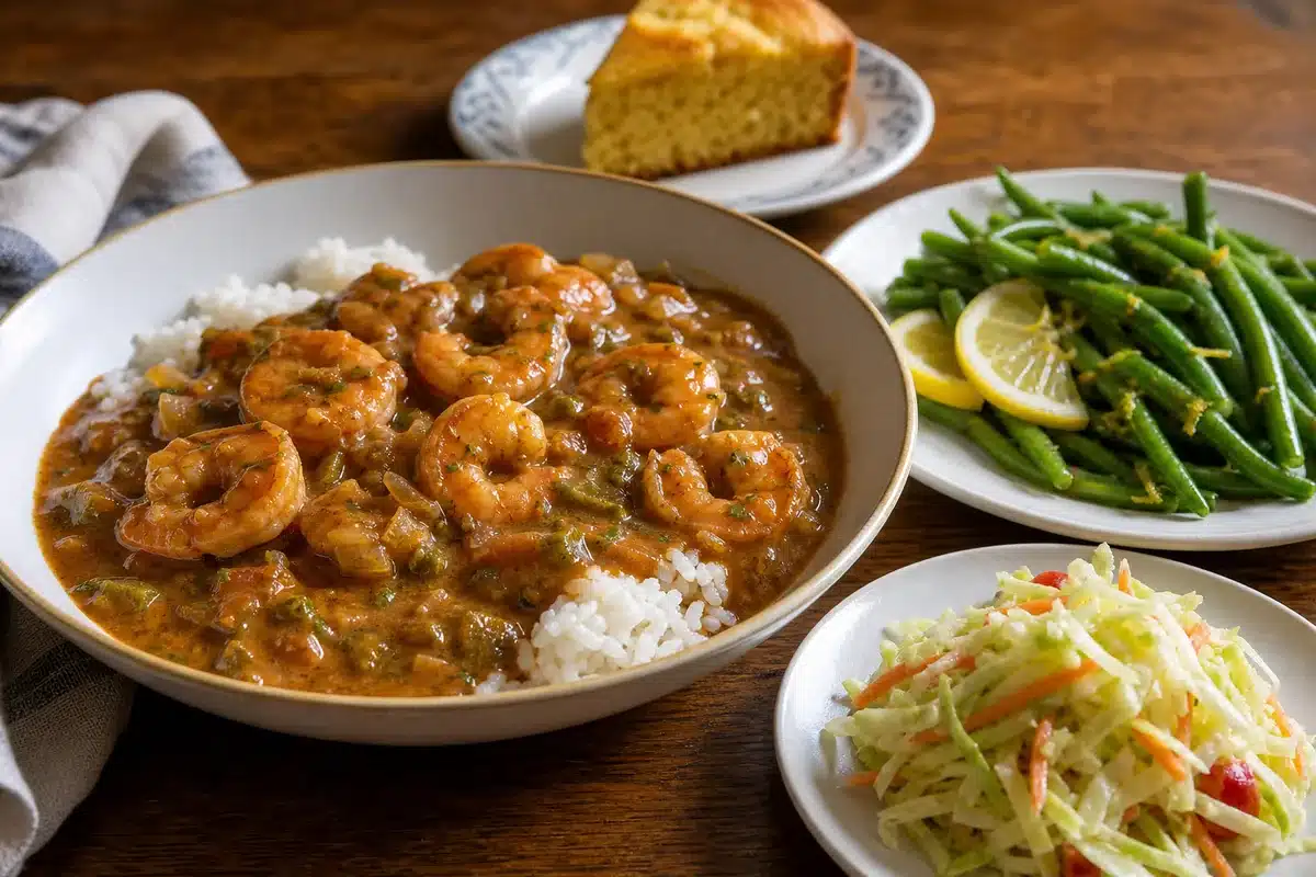 Shrimp etouffee with green beans, slaw, and cornbread - balanced dinner | EpicureDelight