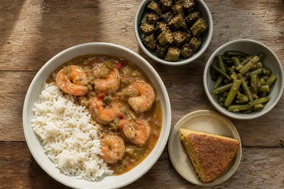 Shrimp etouffee bowl showing rice, roux sauce, shrimp, and separate sides - meal balance | EpicureDelight