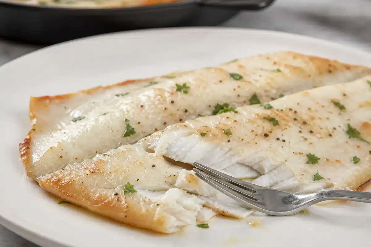 Thin cooked sole fillet showing moist opaque flakes and a light browned edge - sole doneness | EpicureDelight