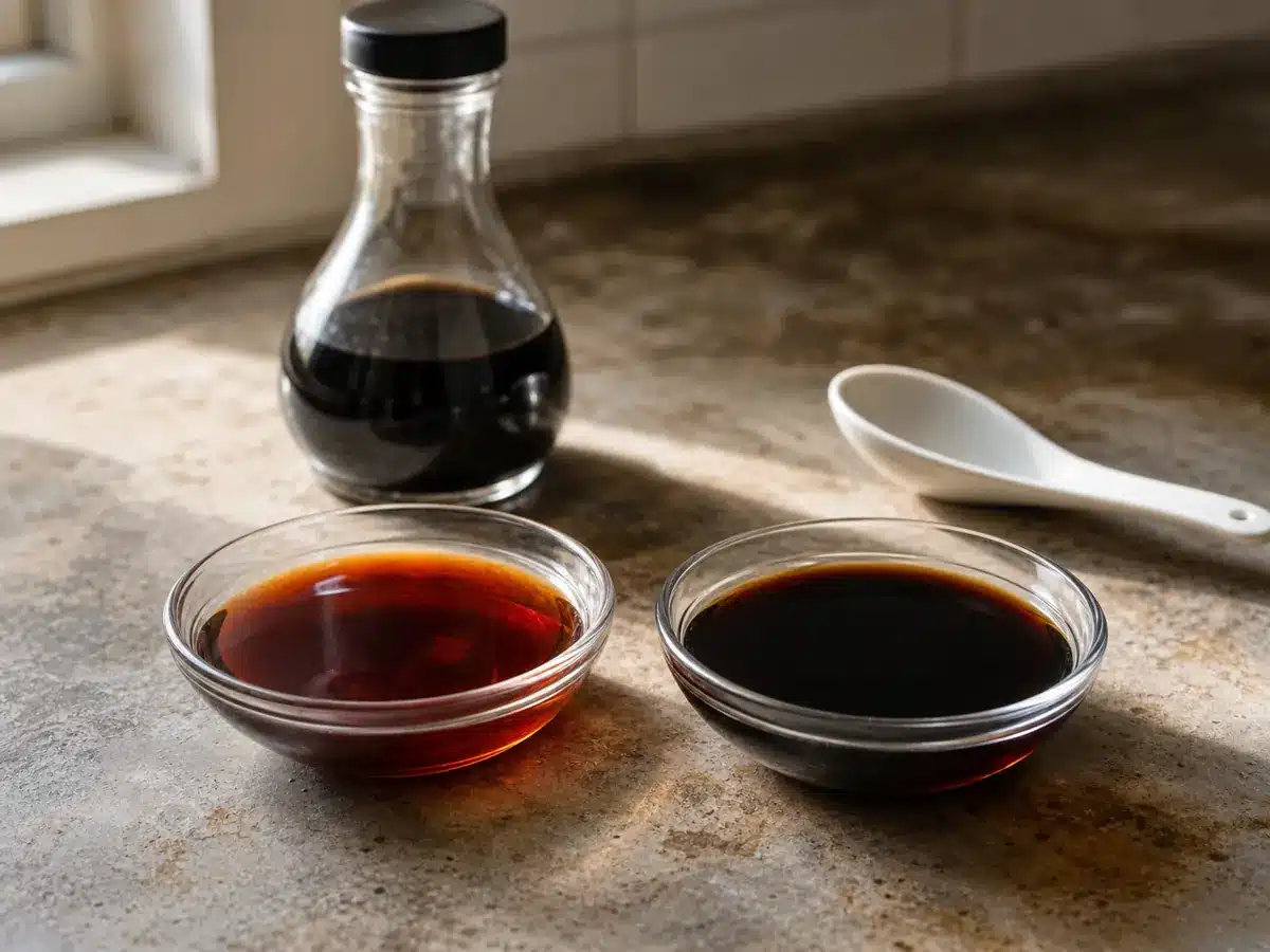 Fresh and darker oxidized soy sauce compared in glass dishes - soy sauce oxidation | EpicureDelight