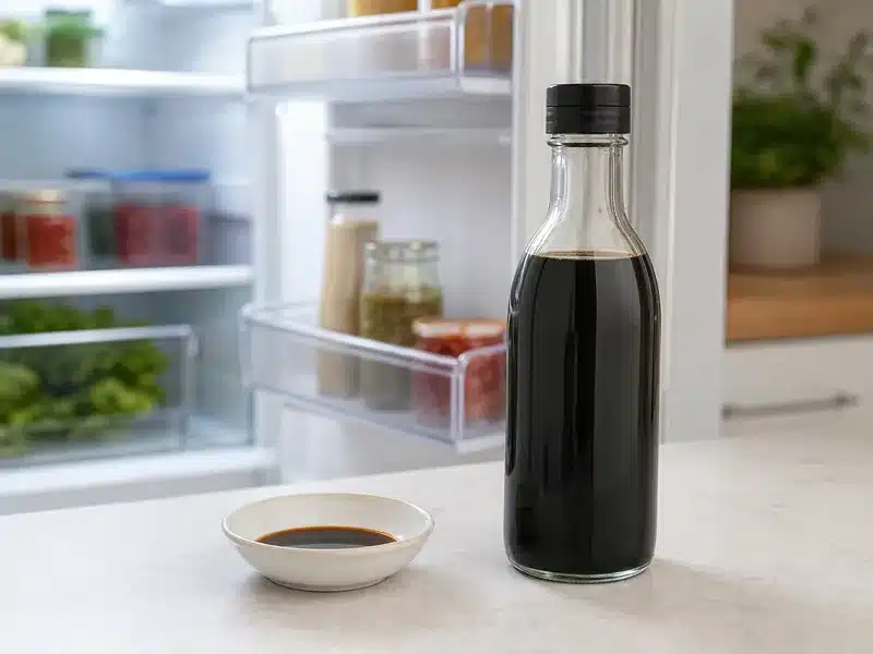 Opened soy sauce bottle stored with its cap closed near a refrigerator - soy sauce shelf life | EpicureDelight