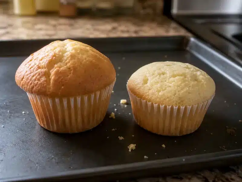 Two muffins showing different browning and volume | EpicureDelight