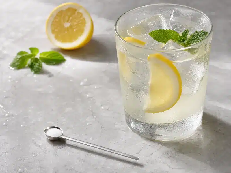 Tiny measuring spoon beside a clear stevia-sweetened drink | EpicureDelight