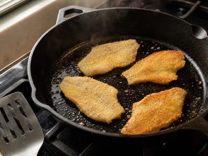 Thin cornmeal-coated sunfish fillets shallow-frying in a skillet - cooking sunfish | EpicureDelight