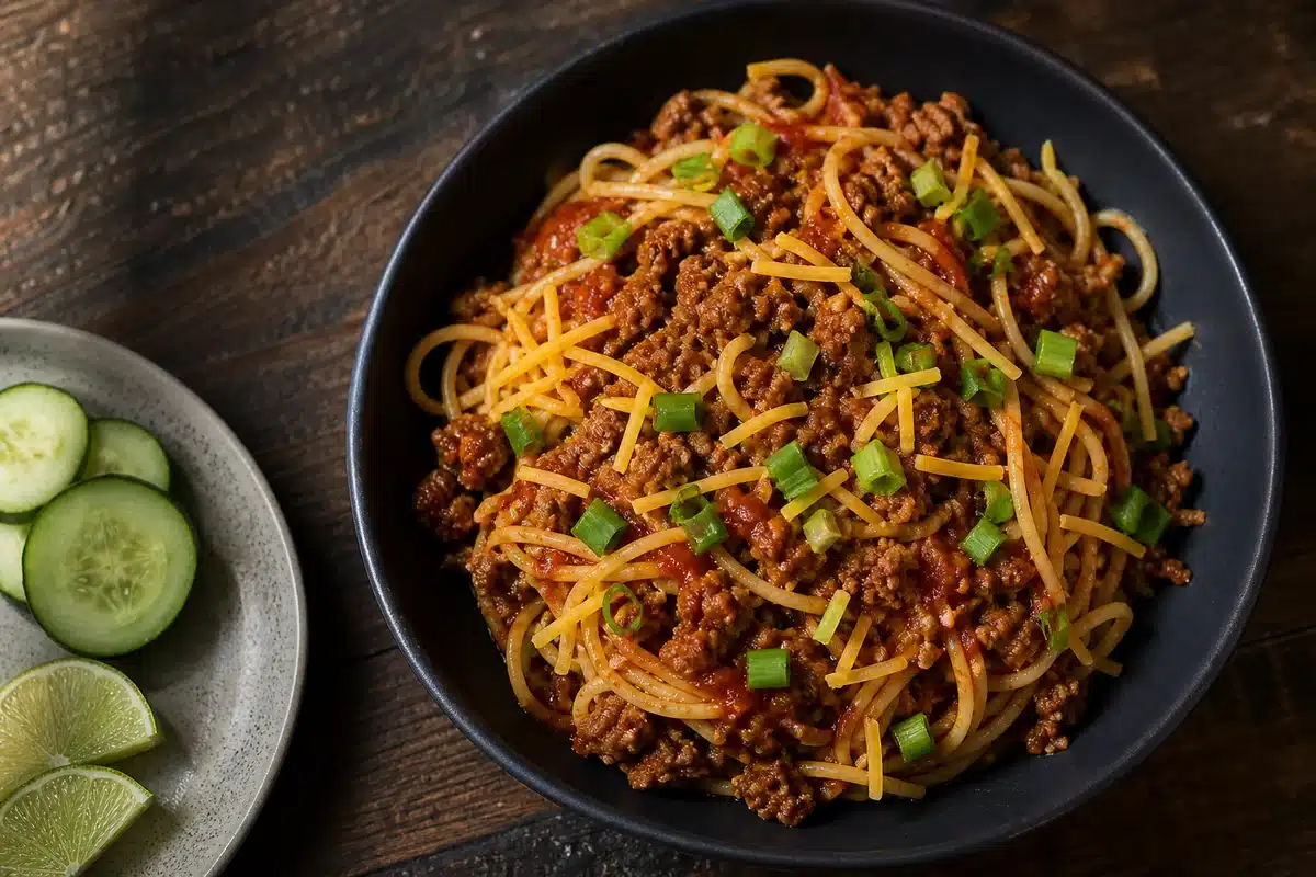Taco spaghetti showing pasta, beef, tomato sauce, and cheese - balancing the plate | EpicureDelight