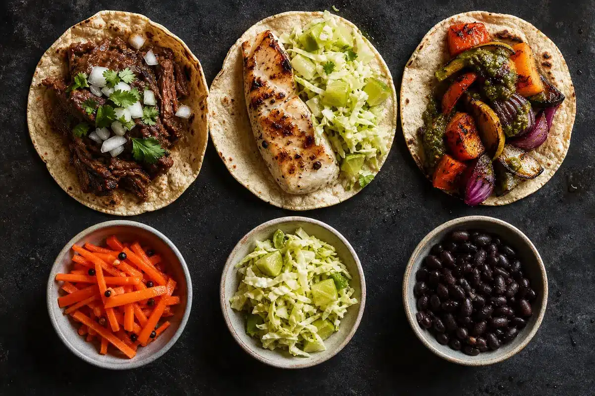 Meat, fish, and vegetable tacos matched with different side accents - choosing taco sides | EpicureDelight