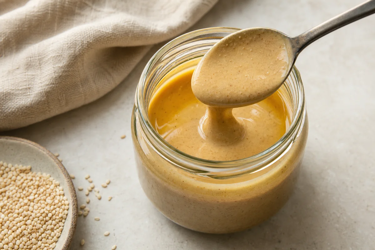 Open jar of tahini with separated oil on top | EpicureDelight