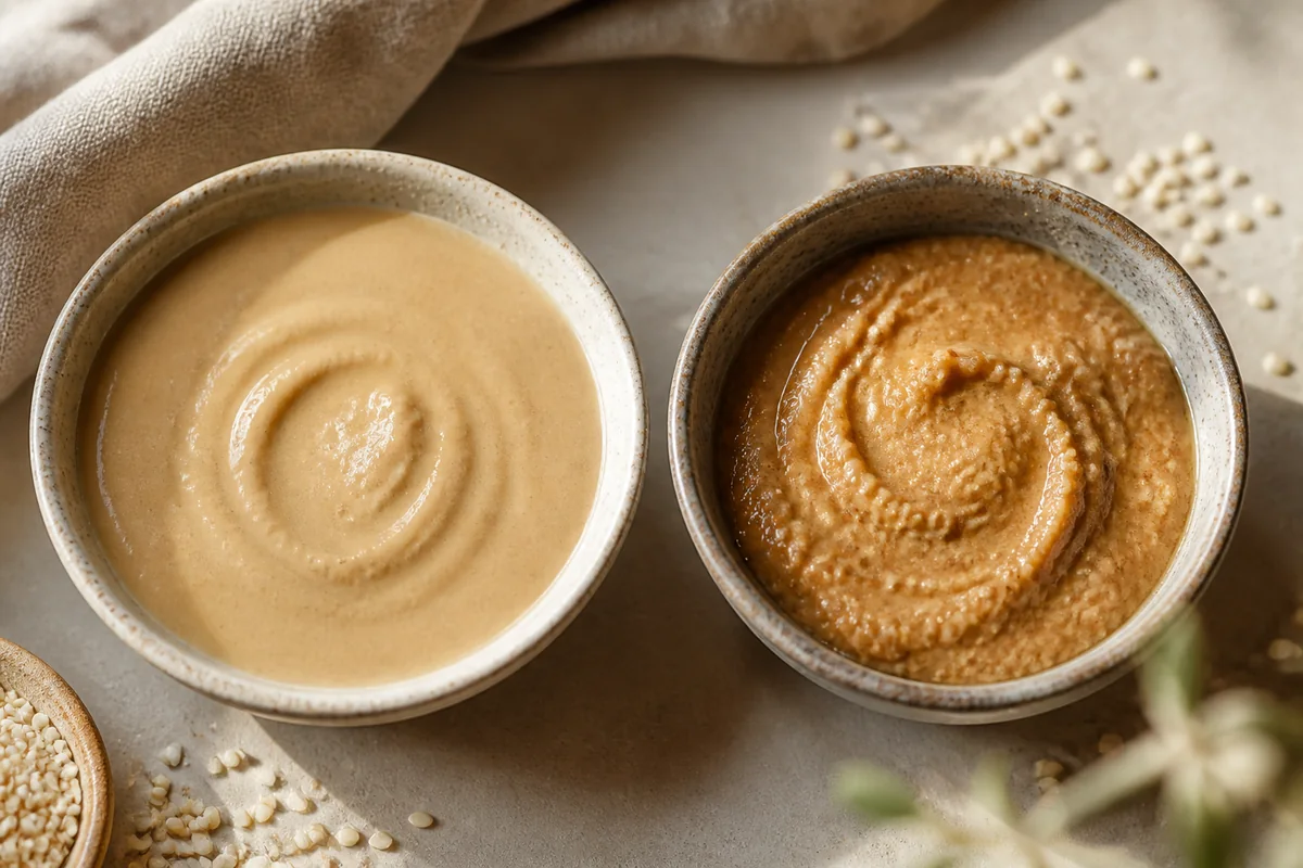 Pale hulled tahini beside darker unhulled tahini | EpicureDelight
