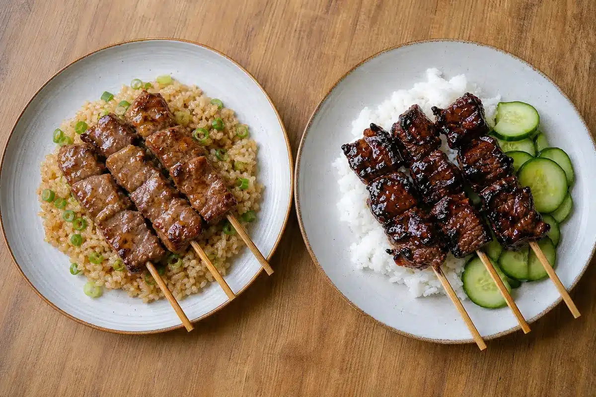 Light and sticky teriyaki beef skewers with different side choices - glaze comparison | EpicureDelight