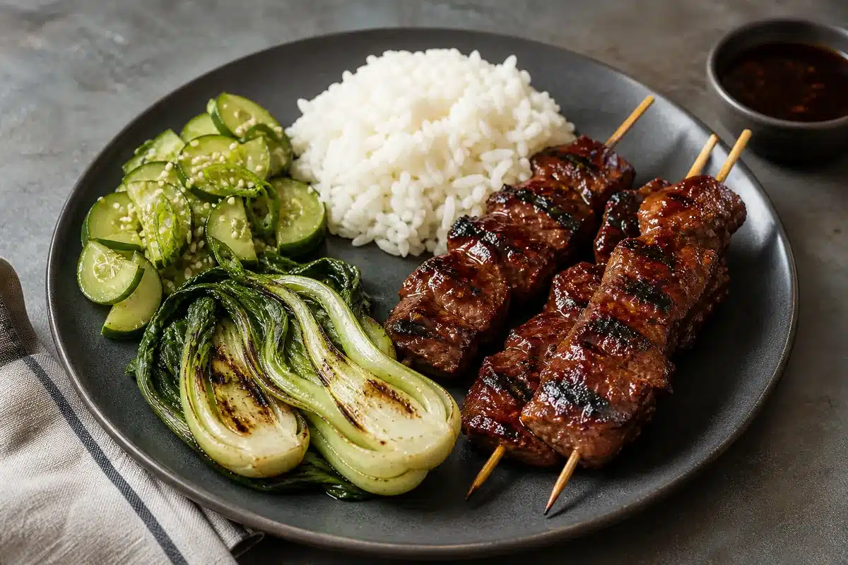 Teriyaki beef skewers with rice, cucumber salad, and bok choy - balanced plate | EpicureDelight