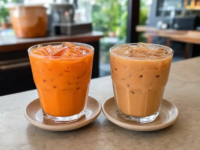Bright orange Thai tea beside naturally amber milk tea | EpicureDelight