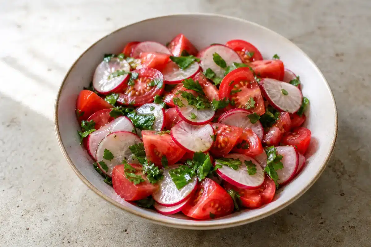 Tomato Radish Salad served as a side dish | EpicureDelight