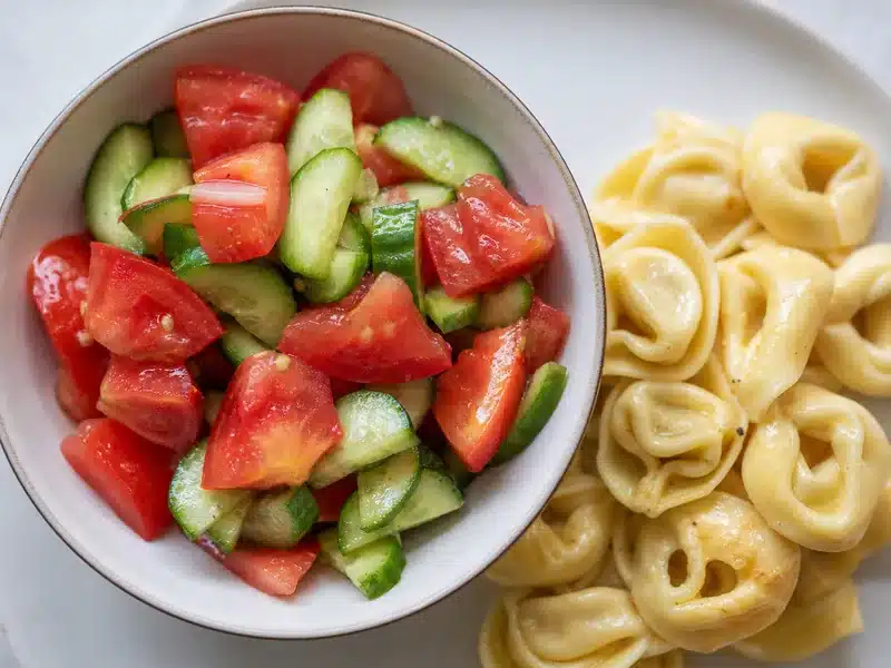 Tomato cucumber salad beside cheese tortellini - tortellini side dish | EpicureDelight