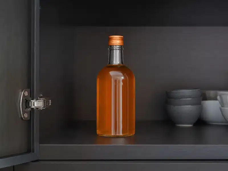 Triple sec bottle stored upright in a dark cabinet - triple sec storage | EpicureDelight