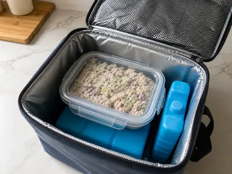 Tuna salad packed with two ice packs in an insulated bag - tuna salad storage | EpicureDelight