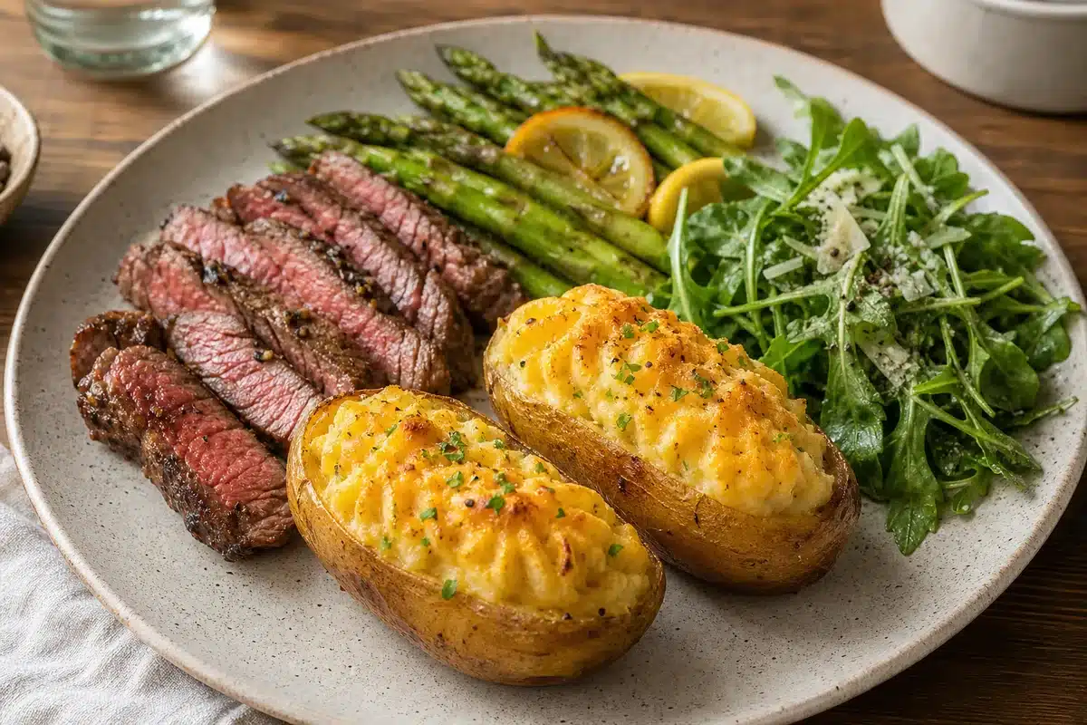 Twice-baked potato with steak, asparagus, and arugula salad | EpicureDelight