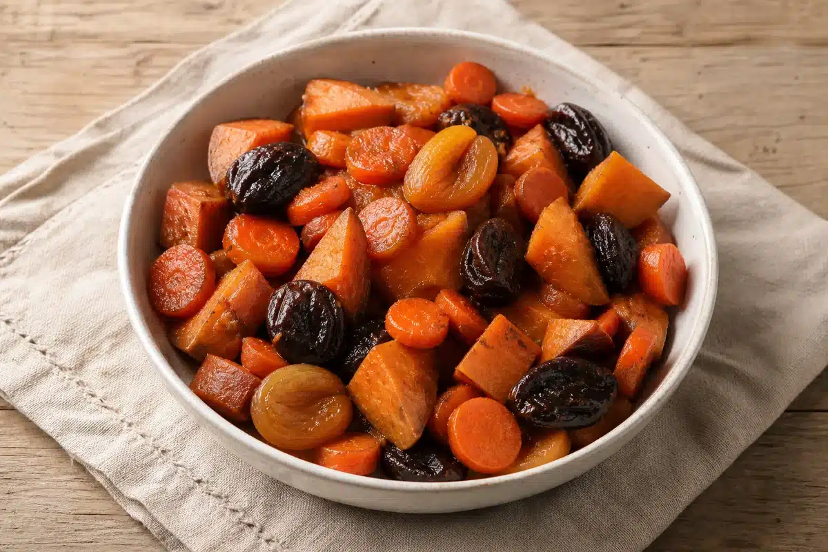 Tzimmes with carrots, sweet potatoes, prunes, and apricots | EpicureDelight