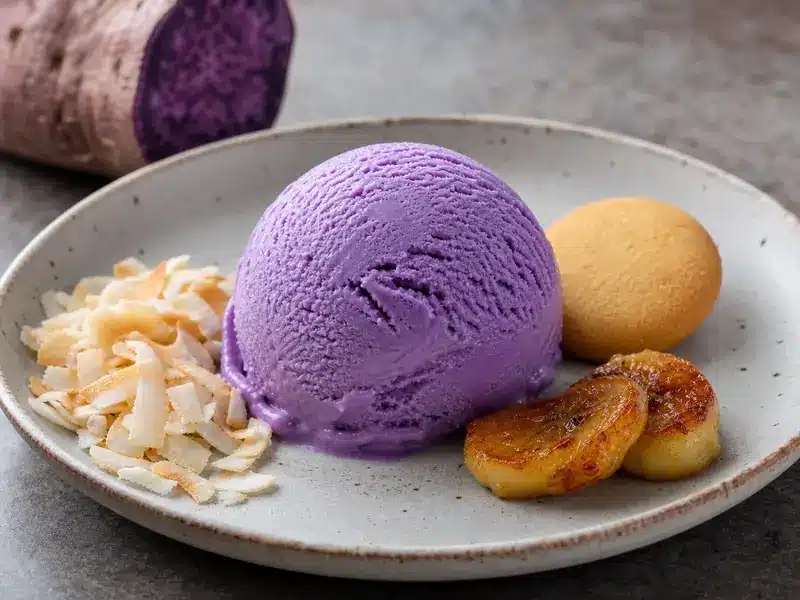 Ube ice cream with toasted coconut, vanilla wafer, and caramelized banana | EpicureDelight