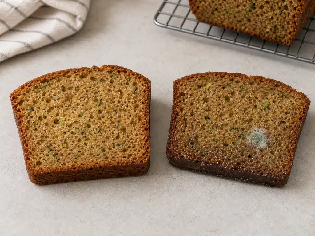 Fresh zucchini bread beside a slice with a small mold spot | EpicureDelight
