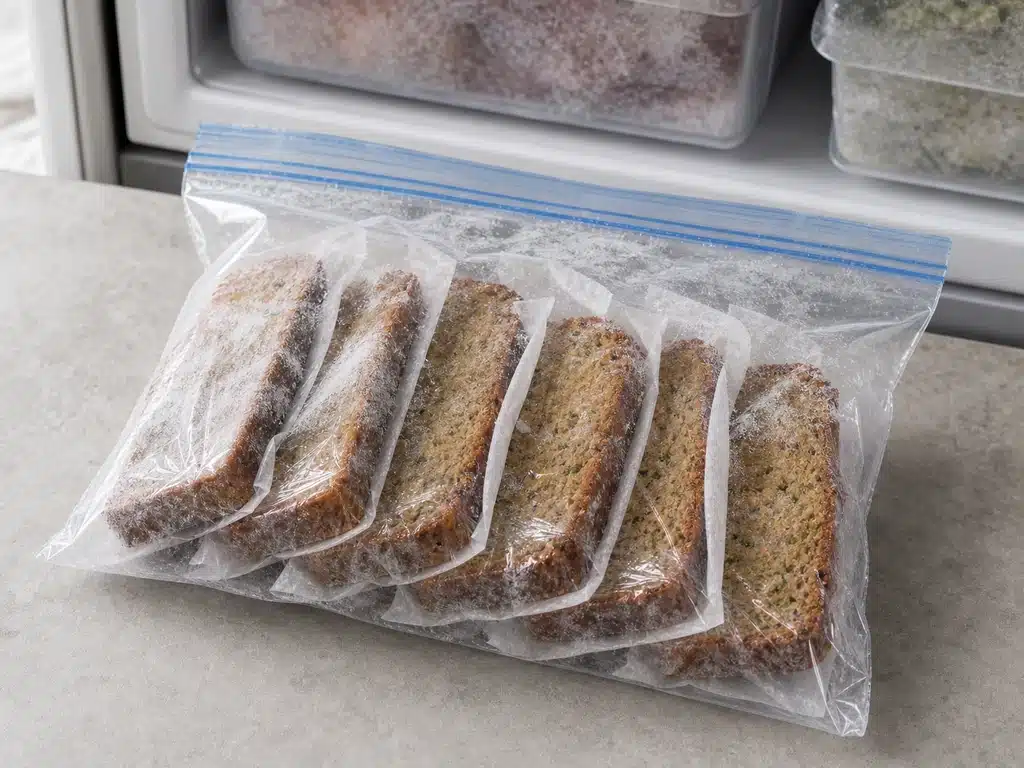 Wrapped zucchini bread slices inside a freezer bag | EpicureDelight